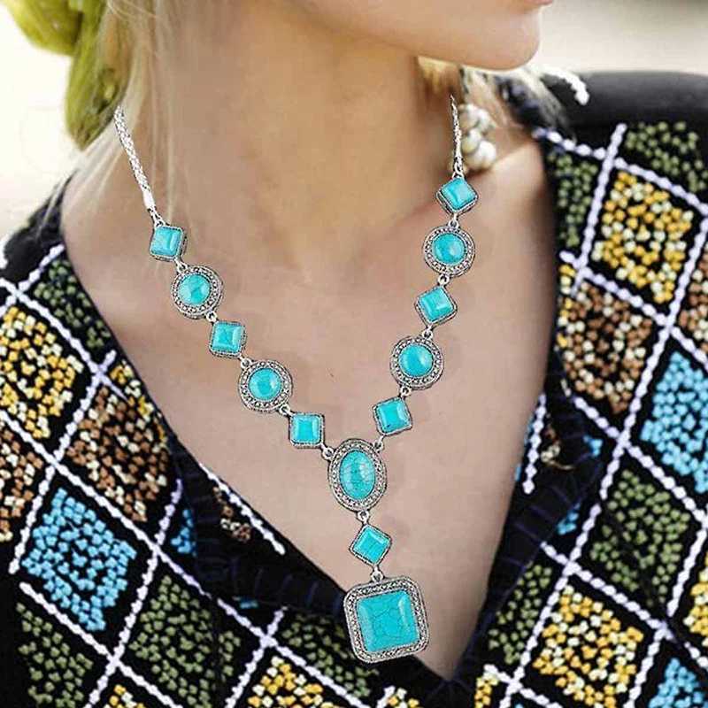 Vintage Bohemian turquoise pendant necklace ethnic style bead chain necklace sweater chain necklace womens jewelry giftXJ250422