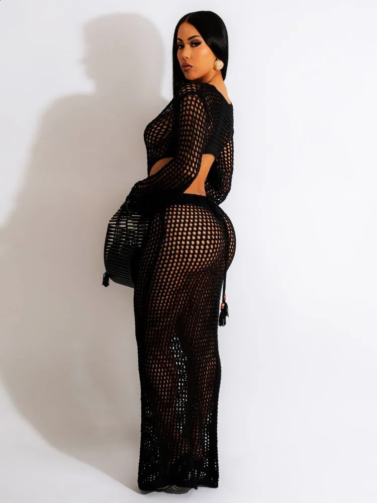 Sexy womens knitted dress deep Vneck tassel sleeves crochet hollow beach skirt 250415Z