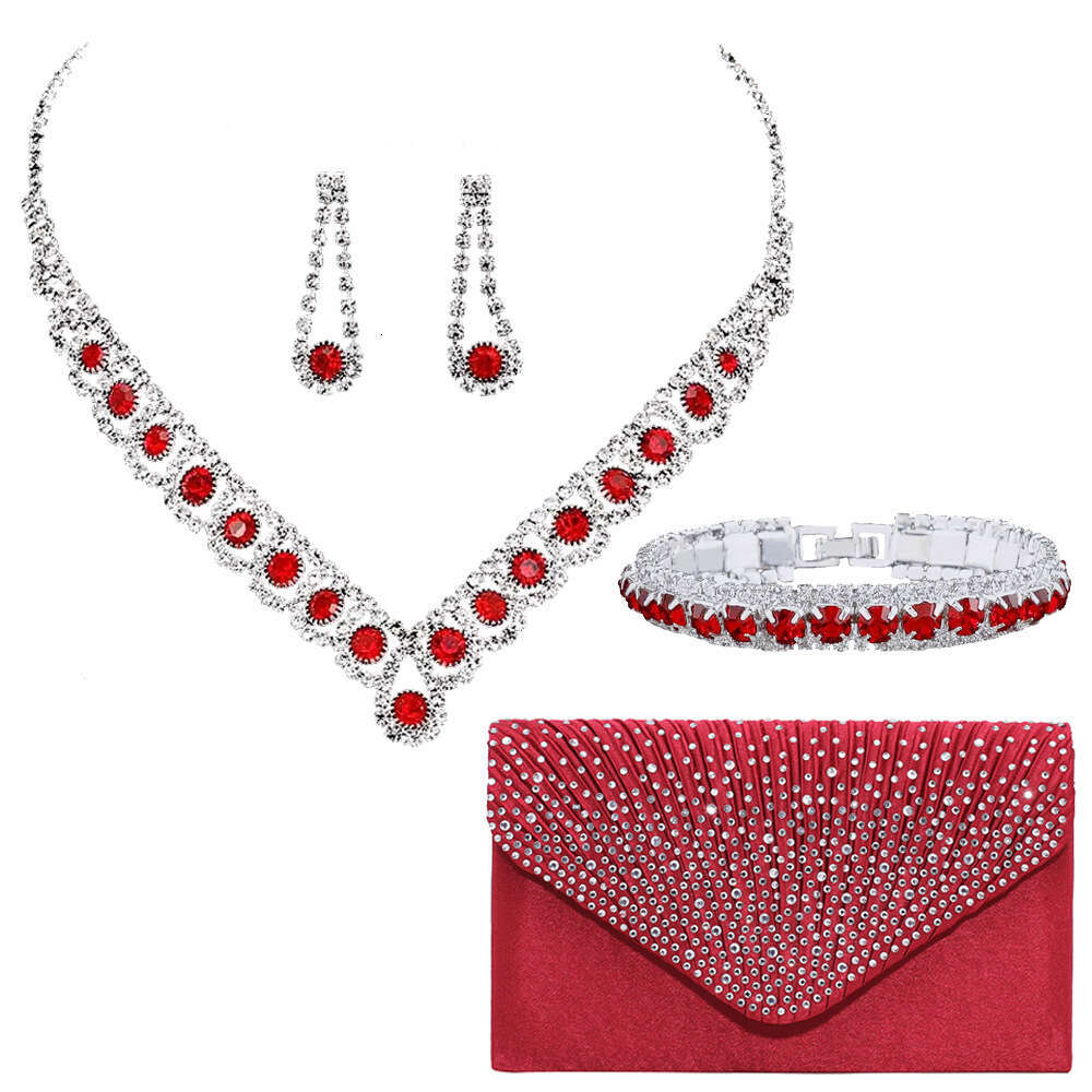 Bridal Jewelry Set Of Four Blue Zircon Necklaces, Earrings, Bracelets, Satin Hot Diamonds, Handheld Bag, Dinner Bag