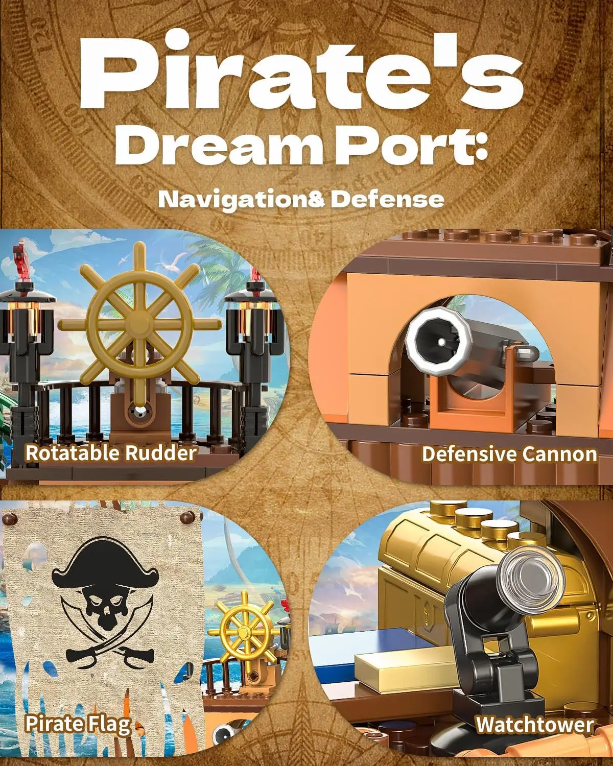 833PCS Pirate Fortune Harbor Building Blocks Ship House Dock Model Educational DIY Creative Toy Birthday Gift for Kids Fans