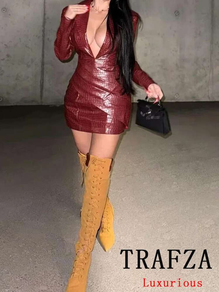 TRAFZA Sexy Leather Women Party Solid Red Long Sleeve Mini Sheath New Fashion Autumn Winter Evening Club Dress