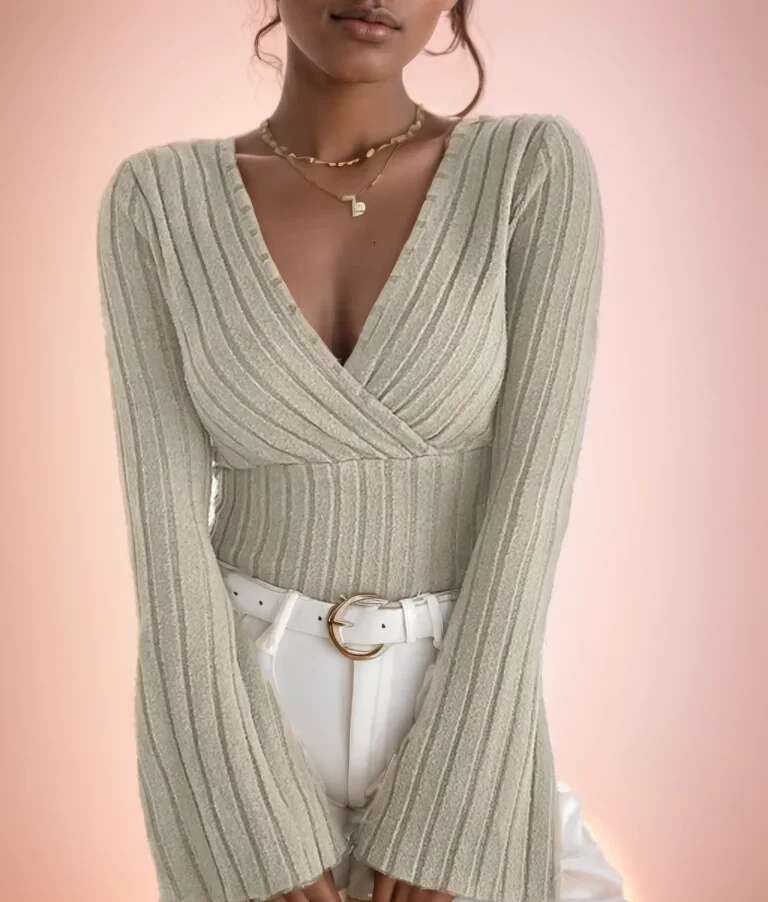 Fall And Winter V-Neck Sexy Slim Striped Women's Tops, Long-Sleeved T-Shirt Knitted Bottoming Shirt