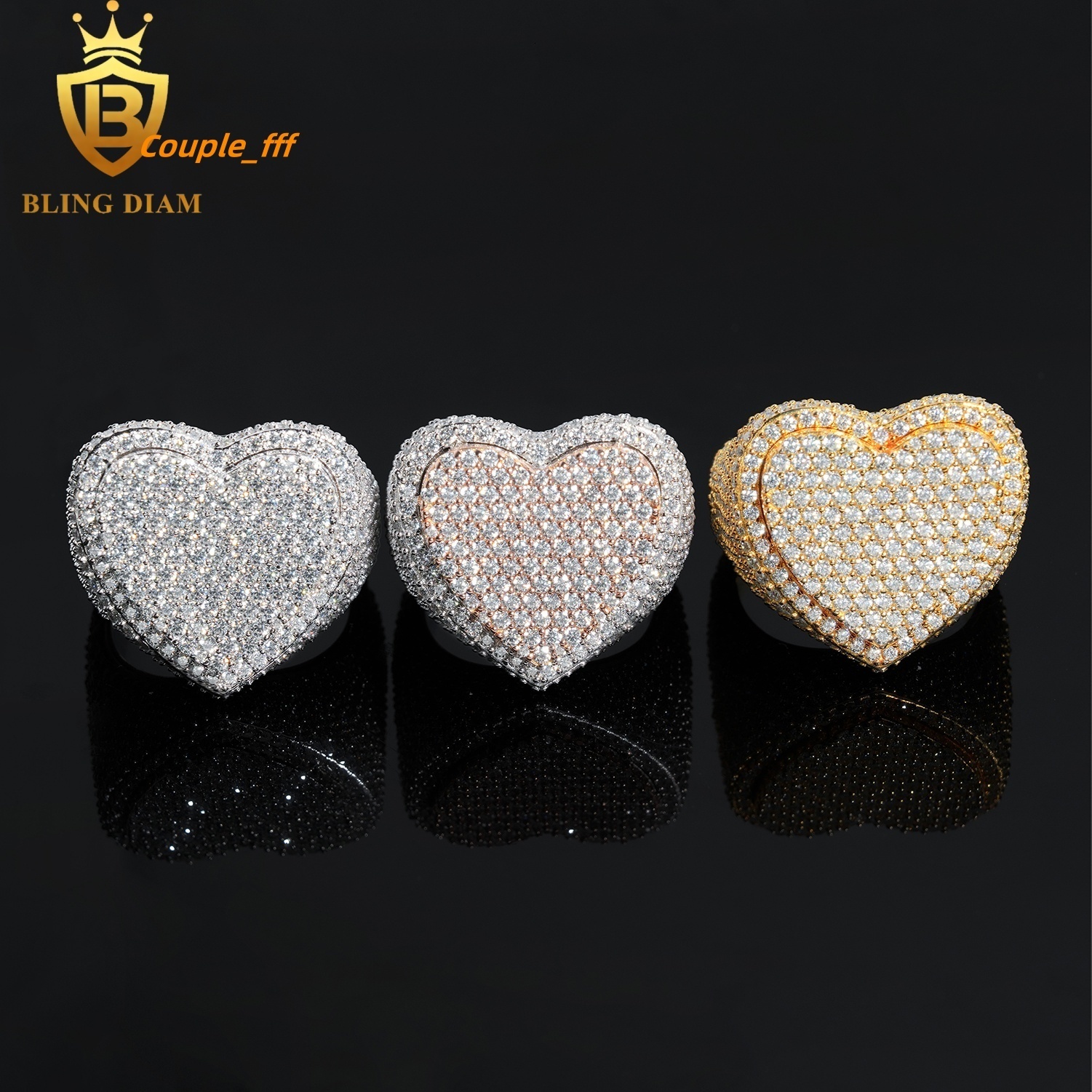 Hip Hop Style Jewelry Mens Ring Fully Diamond VVS Moissanite Iced Out 925 Solid Silver Heart Rings