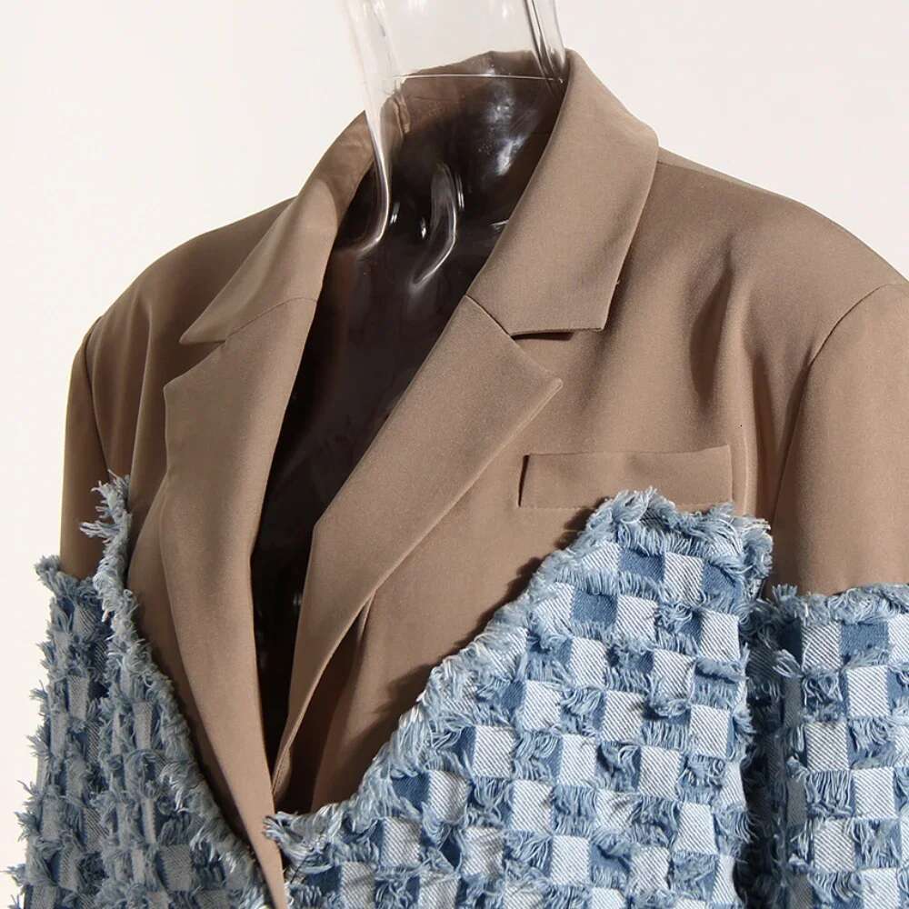 CHICEVER Colorblock Washed Spliced Raw Edge Blazer For Women Notched Collar Long Sleeve Fashion Designer Coat With Pocket Female