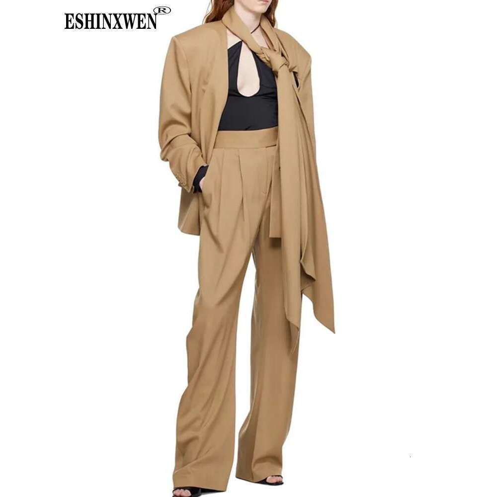 Eshin Two Piece Set For Women's 2024 Autumn Winter New Scarf Cut Silhouette Suit Coat High Waist Casual Pants Sets Th5196