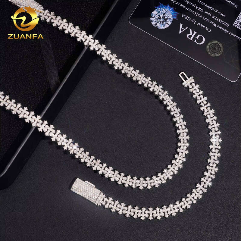 8mm Hip-Hop Jewelry Sier Ice Out Cross Cuban Chain Moissanite Pass Tester