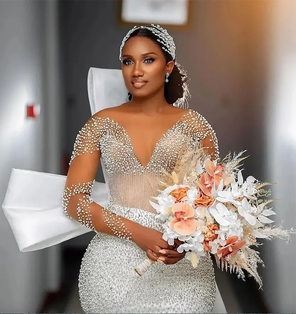 Mermaid Dress Bride Bridal Long Sleeves Rhies Beaded Pearls Crystals Ruffled Wedding Gowns For Black Women Marriage