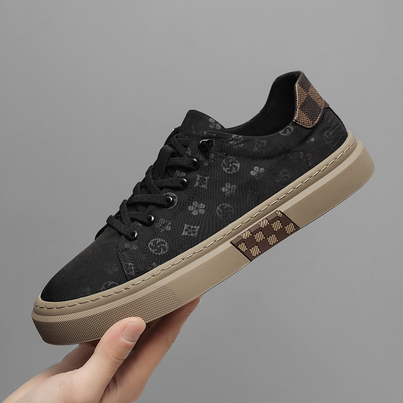 free shipping designer shoes trendy monogram print low-top sneakers black casual sports shoes with white thick sole retro pattern detailing sports cas