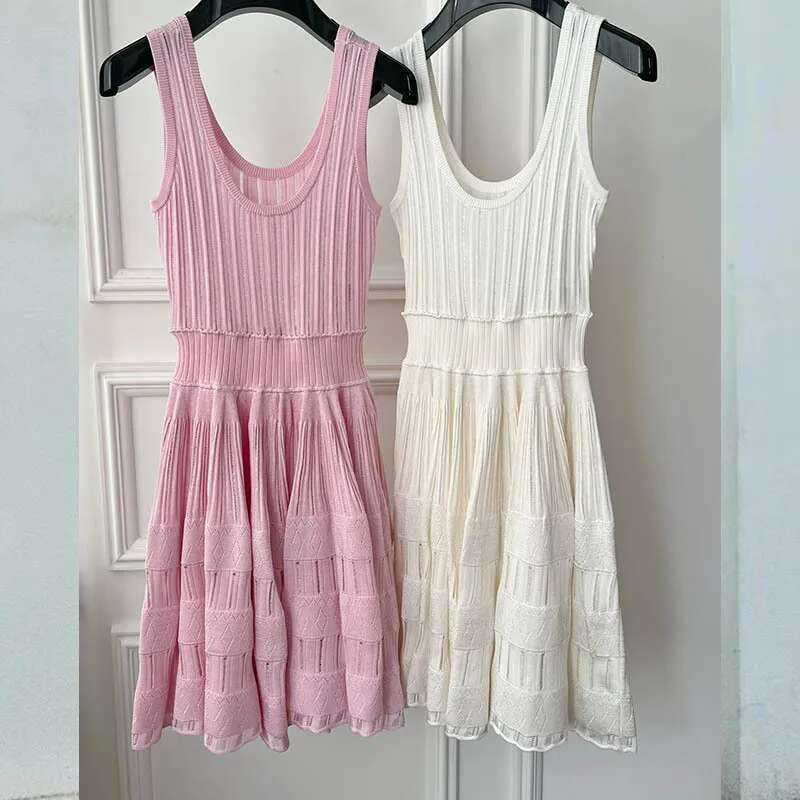Sexy Off Shoulder Elastic Knit Sling Dress Classic Elegant Sleeveless U Collar Hollow Out A-Line Dresses Solid Color New 25