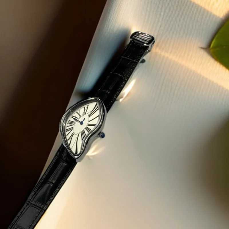 Medieval alien watches melt and twist Y2K alien ladies and mens leather strap fashion advances in niche design of quartz watches Z250422