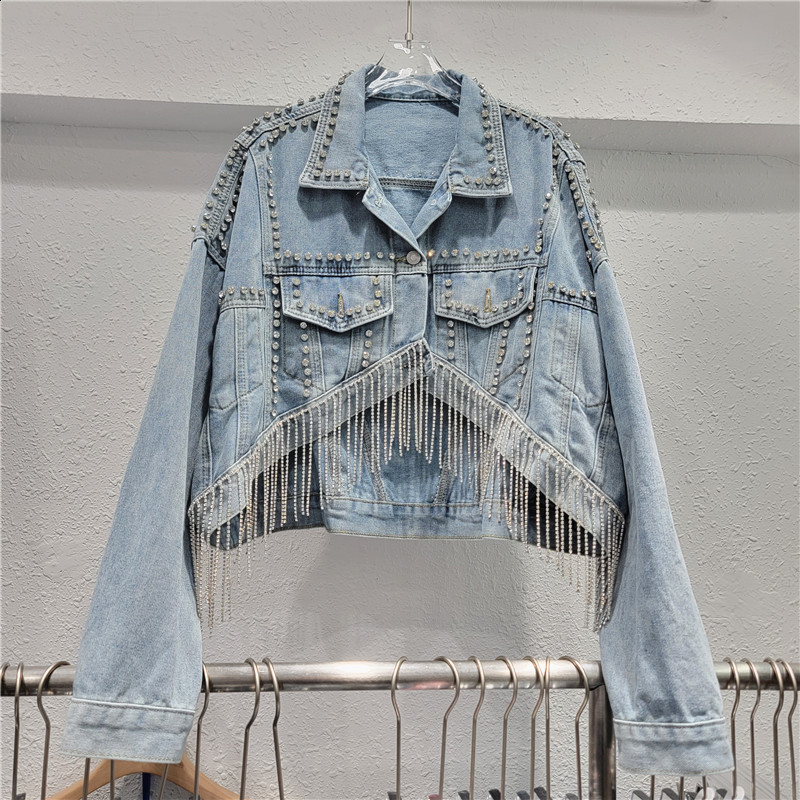 2024 Spring and Autumn New Heavy Industry Water Diamond Tassel Loose Front Short Rear Long Look Skinny Denim Coat Short Coat for Women 231122