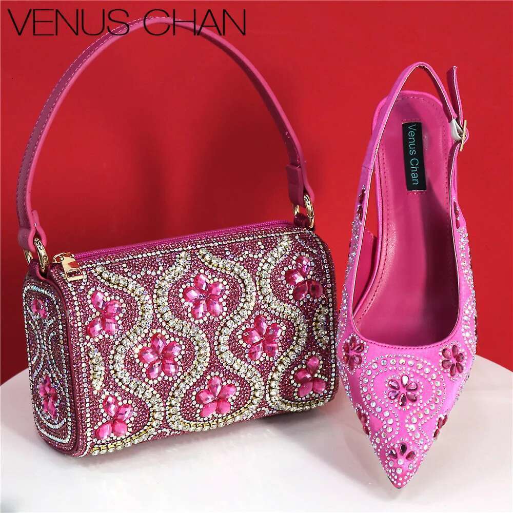 Elegant Sexy Fuchsia Color High Heels And Bag With Rhinestone Embellished Toe Is Comfortable Women's Shoes For Party