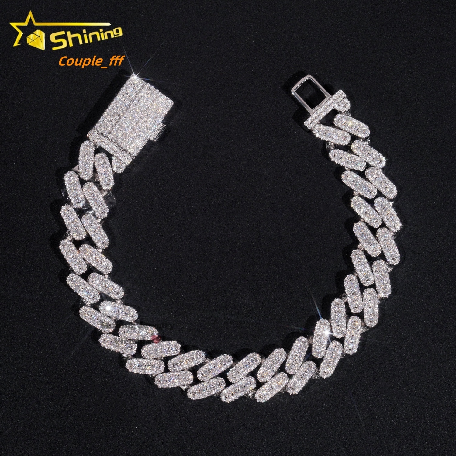 Iced Out Jewelry 13MM 925 Sterling Silver GRA Certificate Diamond Moissanite Cuban Link Bracelet Three Rows