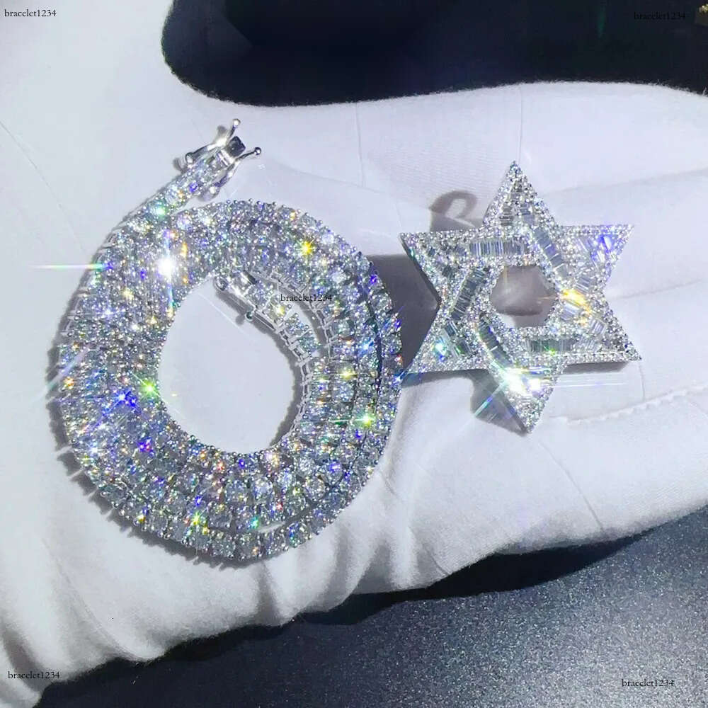 Iced Jewelry Hip Hop Hexagon GRA Certified Vvs d Moissanite Hollow Out Tennis Necklace Pendant