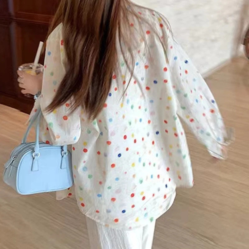 Fashion Polka Dot Printing Women Shirt Loose Sweet Casual Blouses Office Women Summer Long Sleeve Sunscreen Lady Tops Clothes 250421