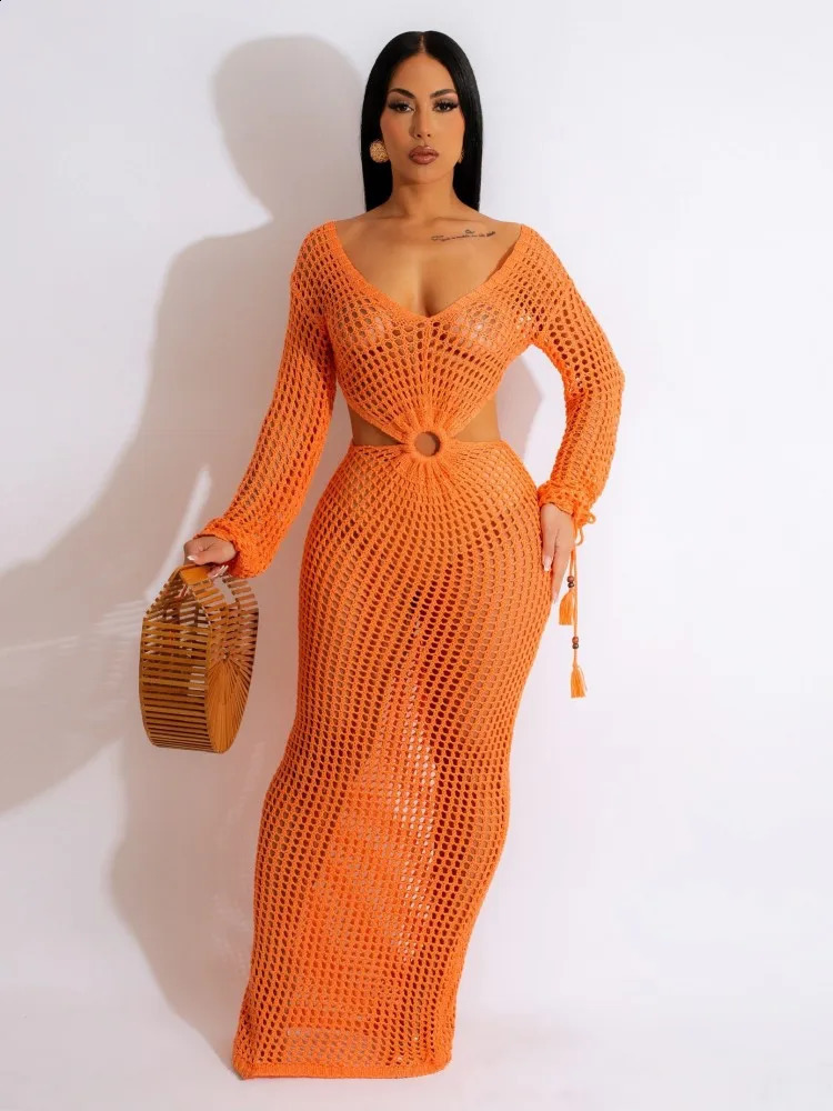 Sexy womens knitted dress deep Vneck tassel sleeves crochet hollow beach skirt 250415Z