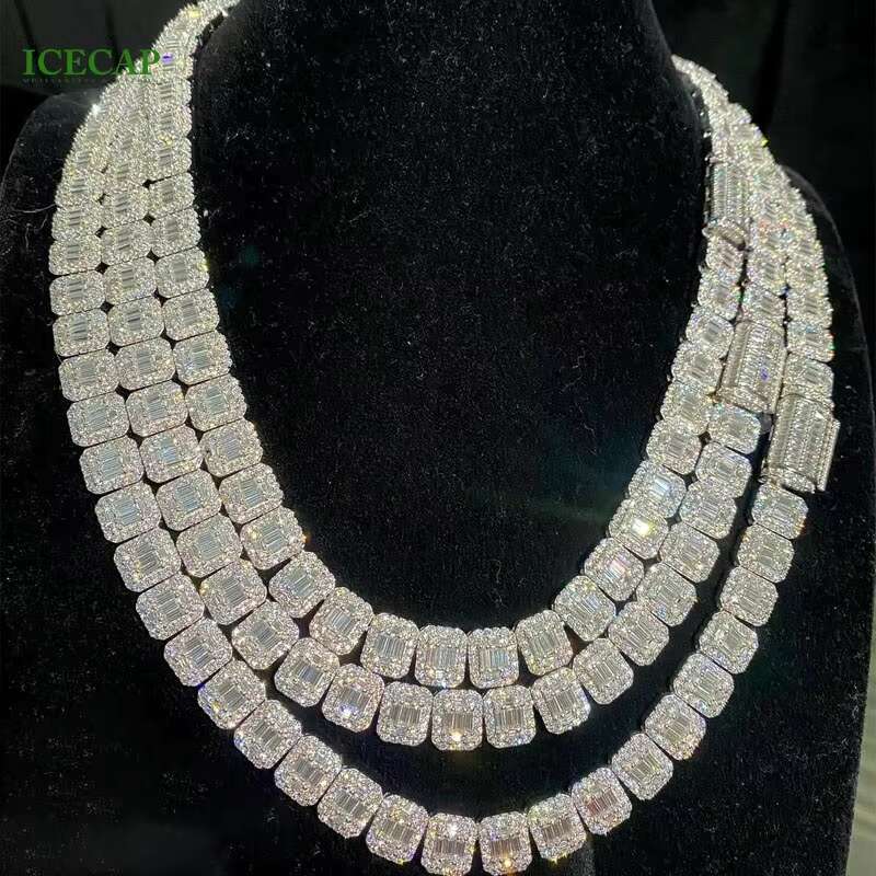 Fully Iced Out Baguette Round Cut VVS Moissanite Tennis Chain 925 Silver Diamond Necklace