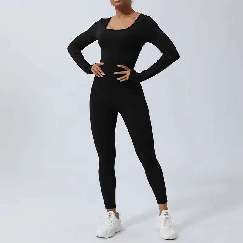 DHessentials Square Cut Collar Neck Slim Fit Black Long Sleeve With Thumb Hole Women Workout Yoga Jumpsuit