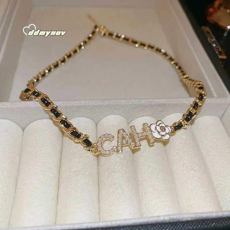 Camellia Pearl Letter Necklace - French Leather & Metal Choker for Women | Classy Designer Pendant ddmynov