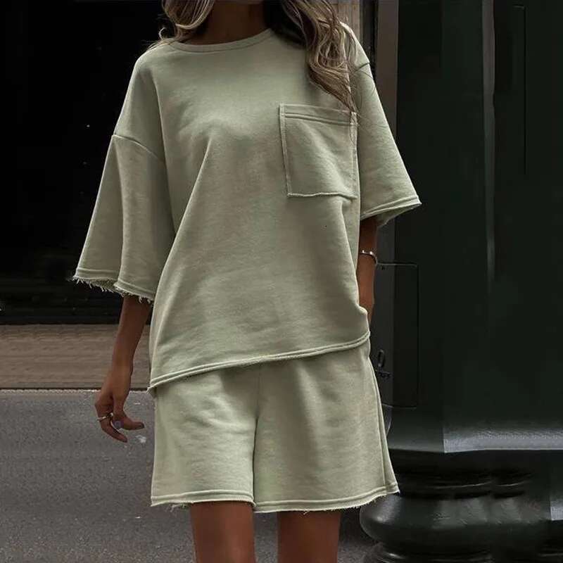 Women's 2 Set Summer Short Sleeve Round Neck Loose T-Shirt Top Wide Leg Shorts Suit Two Piece Oversized Outfits