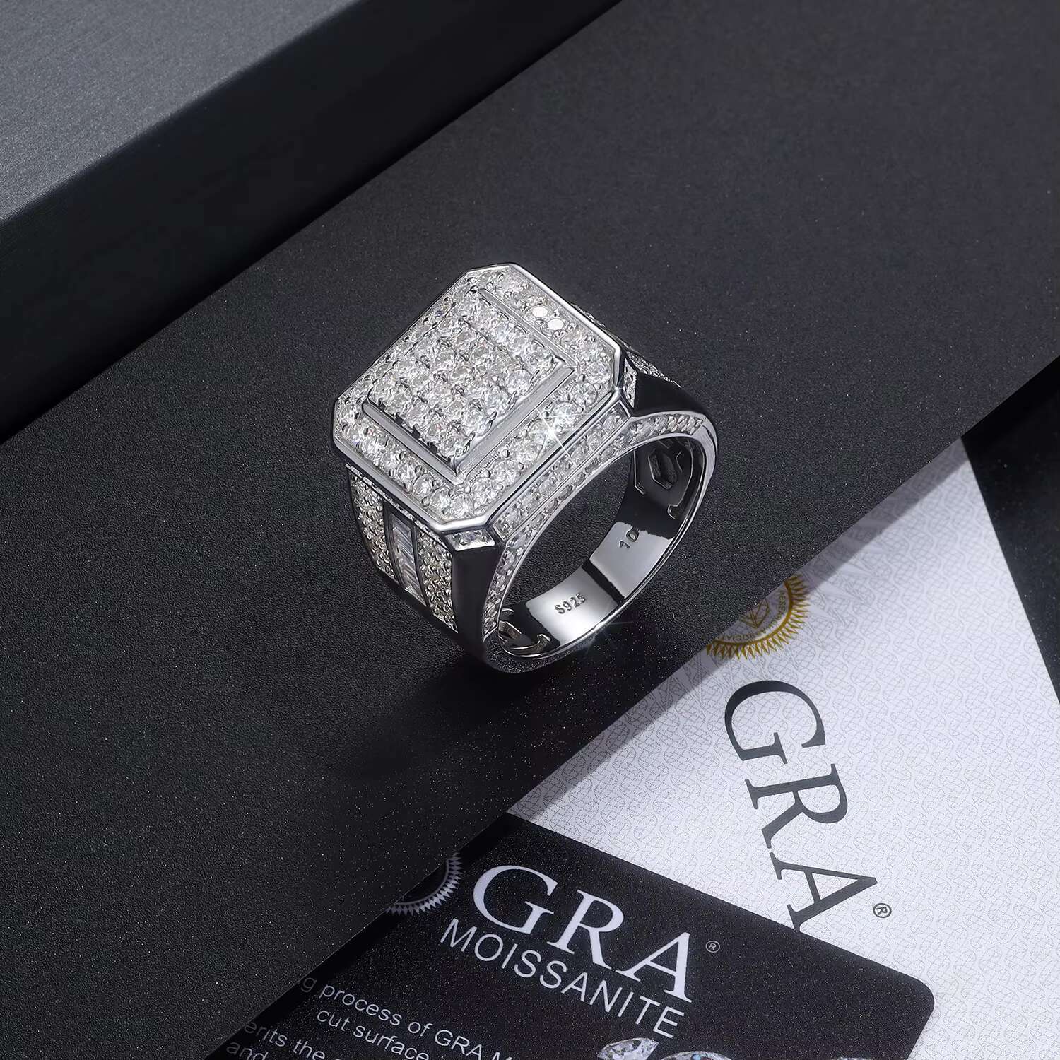 Full Ice Out Square Moissanite Ring S925 Sterling Silver 18K Gold Plated Mens Hip Hop Jewelry