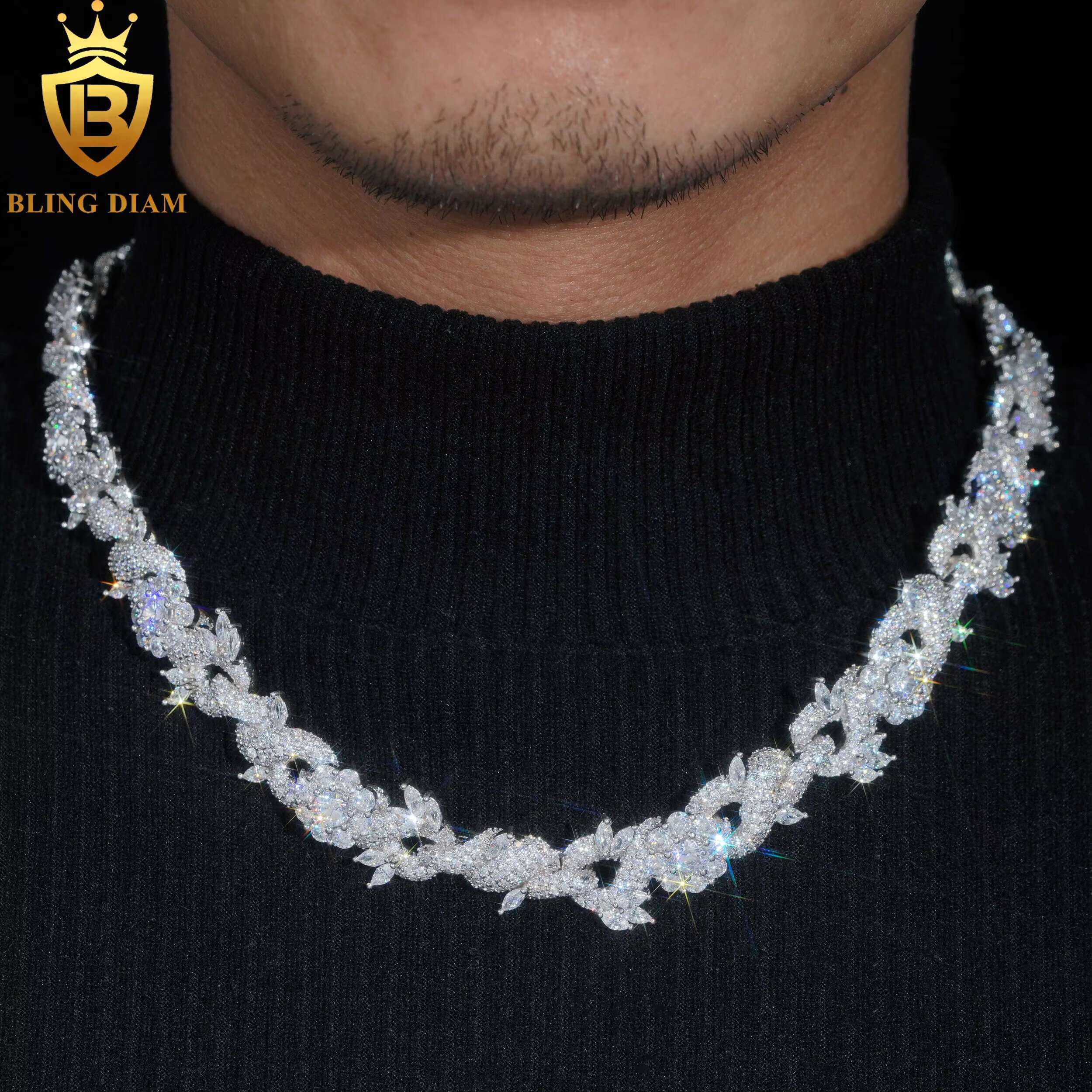 15mm Hip Hop Jewelry Cuban Link Chain Flower Fancy Shape VVS Moissanite 925 Silver for Men Bracelet Necklace