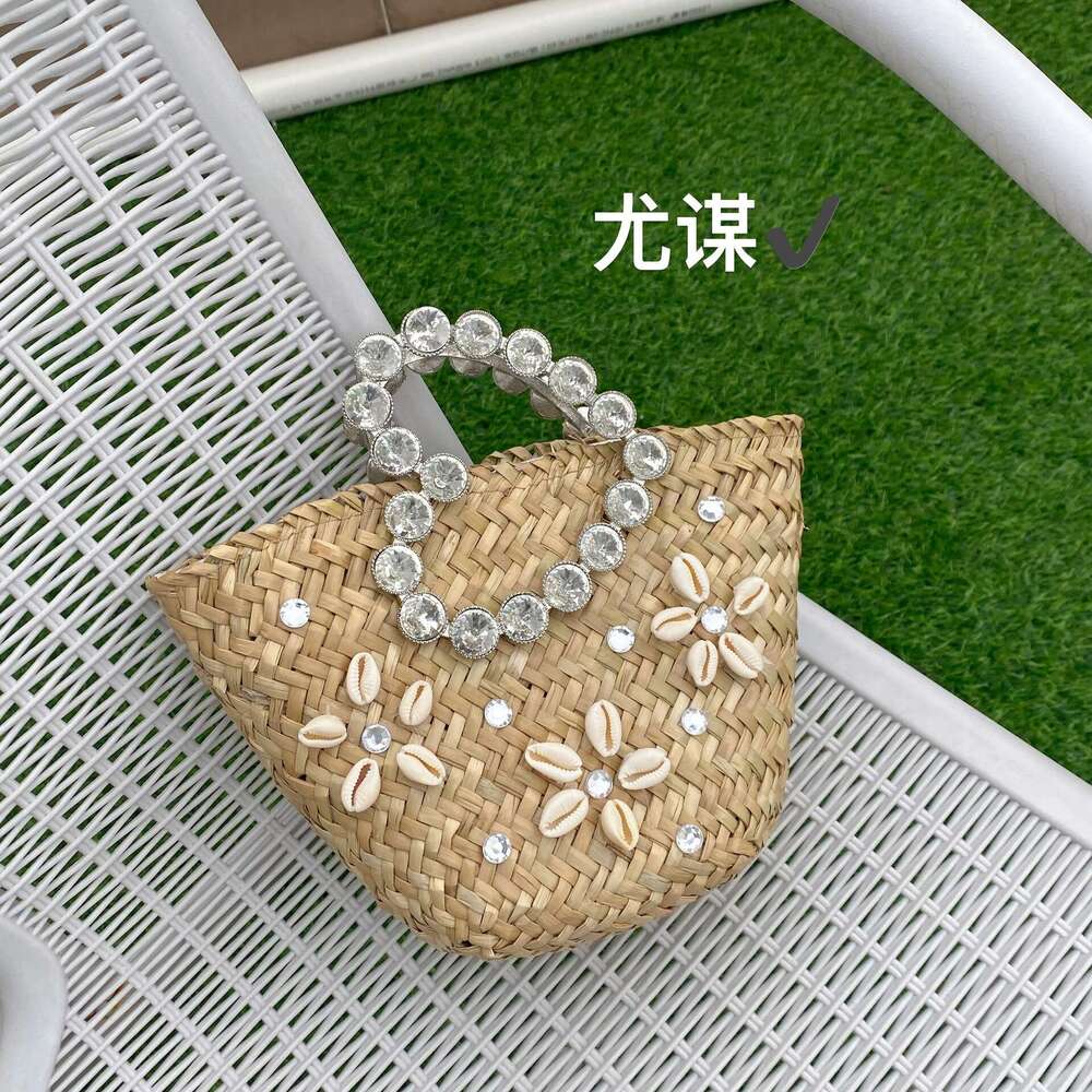 Ins Style Resort Beach Bag Vacation Beach Weaving Grass Woven Vegetable Basket Shining Diamond Love Flower Shell Water Bucket Hand Carrying Crossbody 