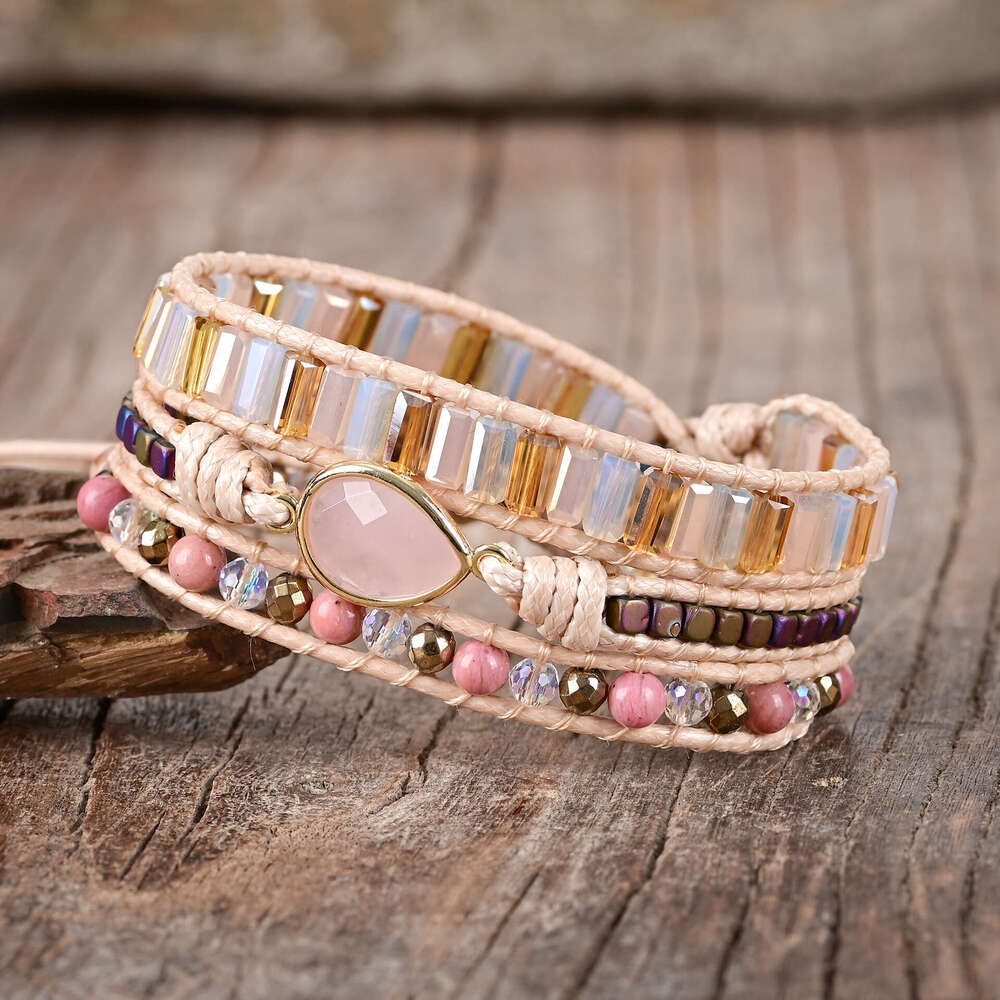 Hot selling droplet shaped powder crystal hand cowhide woven with three-layer winding bracelet
