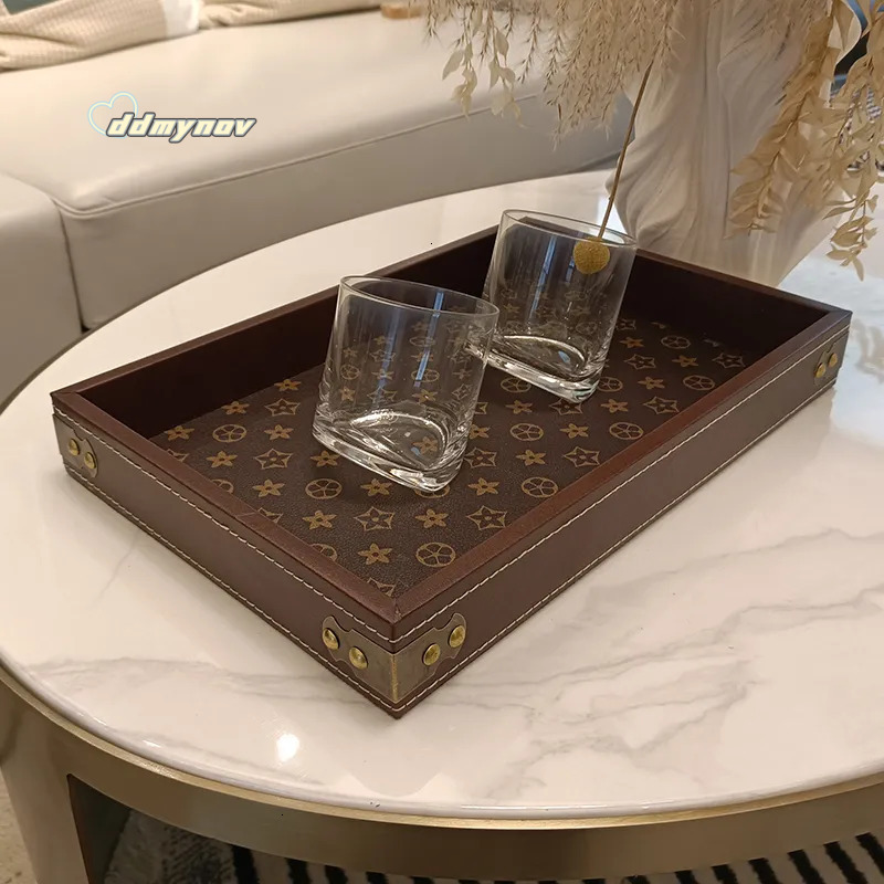 Light luxury high-end desktop rectangular display cultural and decorative items, tea set tray, entrance leather storage tray ddmynov