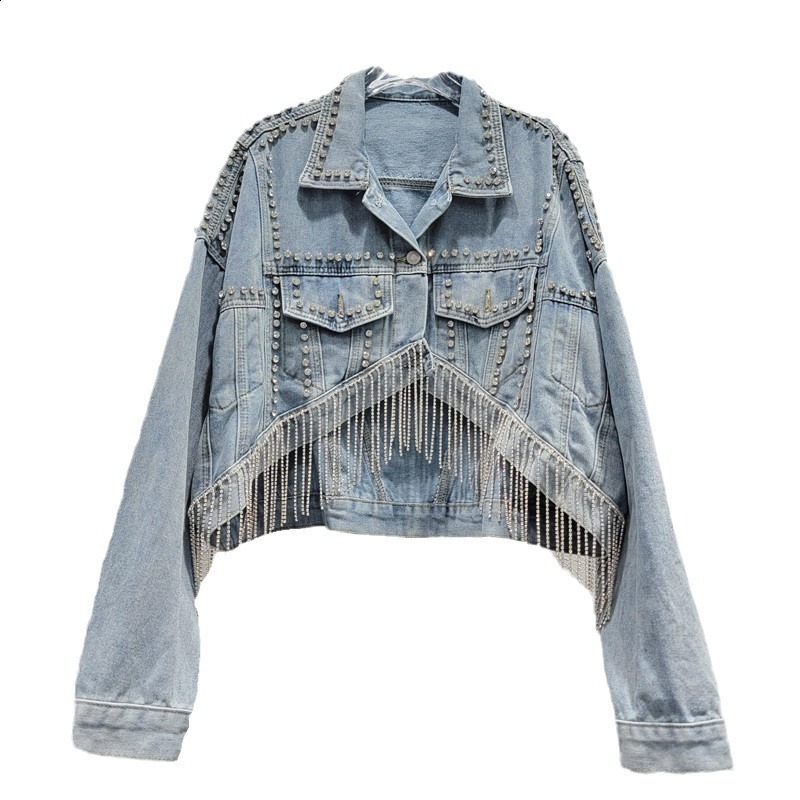 2024 Spring and Autumn New Heavy Industry Water Diamond Tassel Loose Front Short Rear Long Look Skinny Denim Coat Short Coat for Women 231122