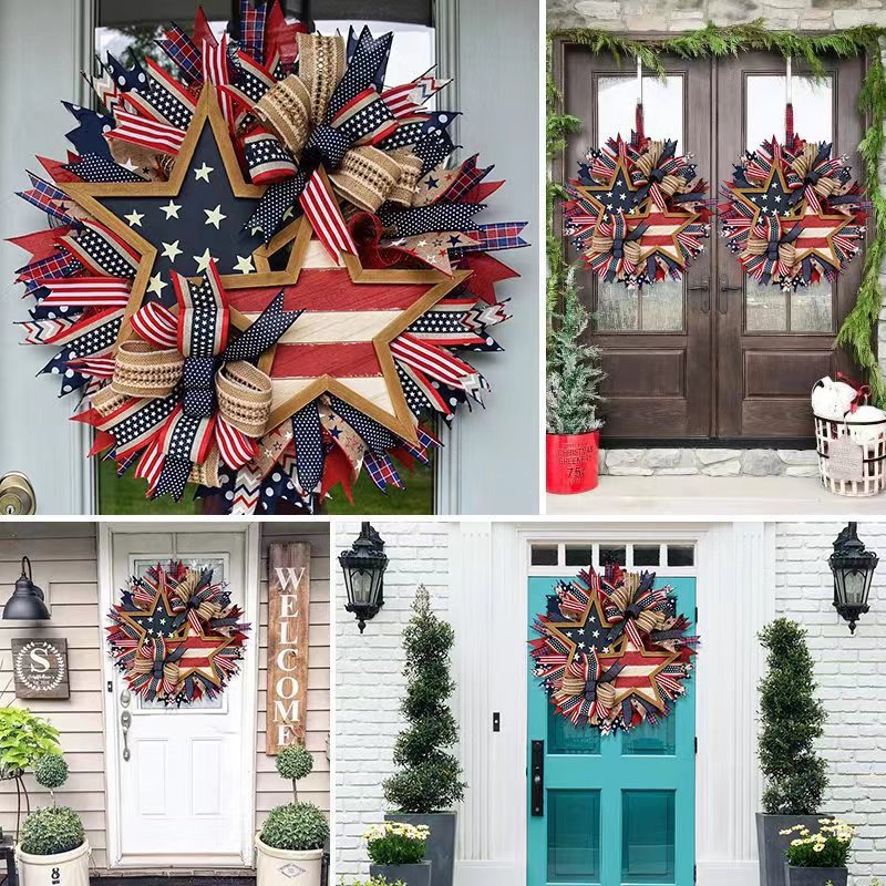 Cross-border Wholesale Home Independence Day Wreaths Patriotic Star Wreaths Wall Hangings And Festive Atmosphere Decorative Pendants