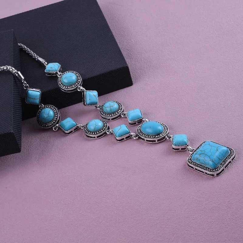 Vintage Bohemian turquoise pendant necklace ethnic style bead chain necklace sweater chain necklace womens jewelry giftXJ250422