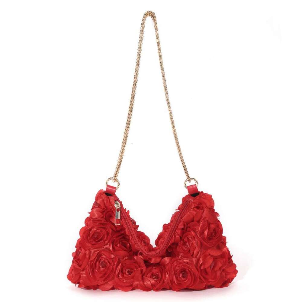 A Niche Three-Dimensional Rose Blossom Sequin Colored Ding Chain Zipper Underarm Crescent Shaped Women's Dinner Bag
