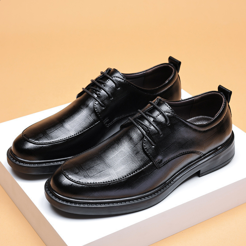 Leather shoes mens business formal office round toe flat heel wide foot mens leather shoes casual new style lace up versatile mens leather shoes 24061