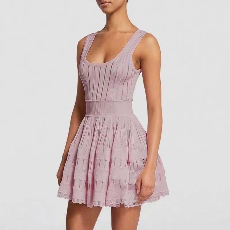 Summer 2025 Slim Fit Elastic Pleated High Quality Fashioncasual Folded Hollow Knitted U-Neck Strap Dress A-Line Mini Skirt