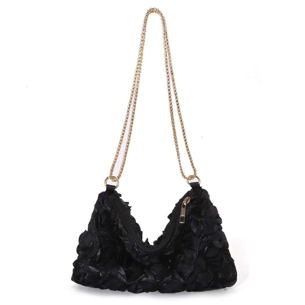 A Niche Three-Dimensional Rose Blossom Sequin Colored Ding Chain Zipper Underarm Crescent Shaped Women's Dinner Bag