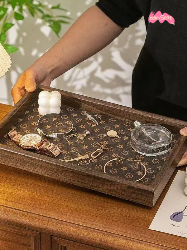 Walnut Color Leather Classic Floral Light Jewelry Bracelet Storage Living Dining Room Household Tray ddmysept