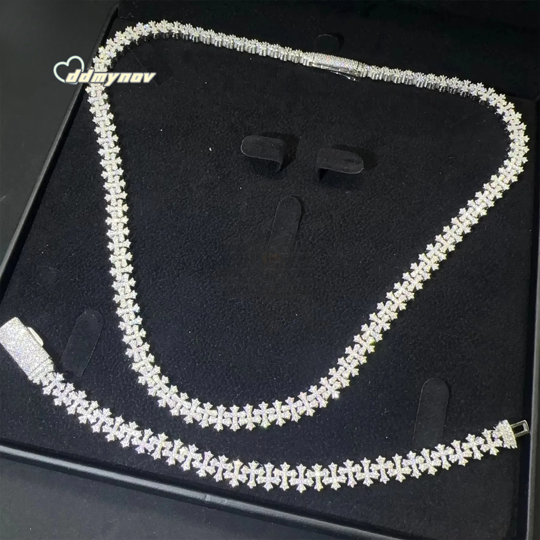 Solid Silver Iced Out Cross Cuban Link Bracelet - Hip Hop Chain ddmynov