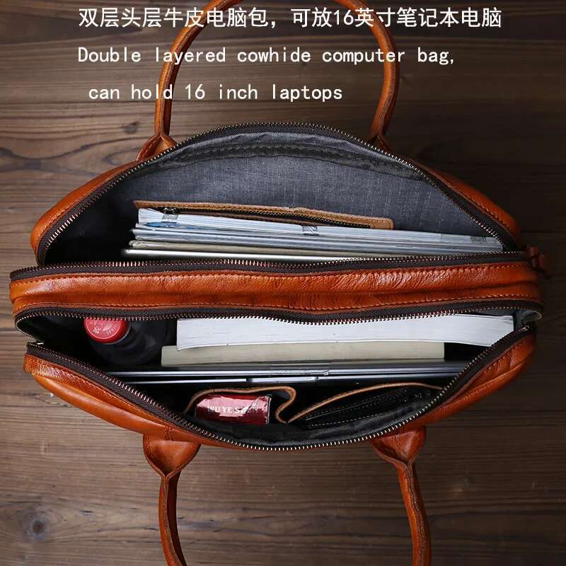 Pure Hand Rubbed Color Vegetable Tanned Head Layer Cowhide Men S Double Handbag Horizontal Genuine Leather Crossbody Briefcase Bag Bag