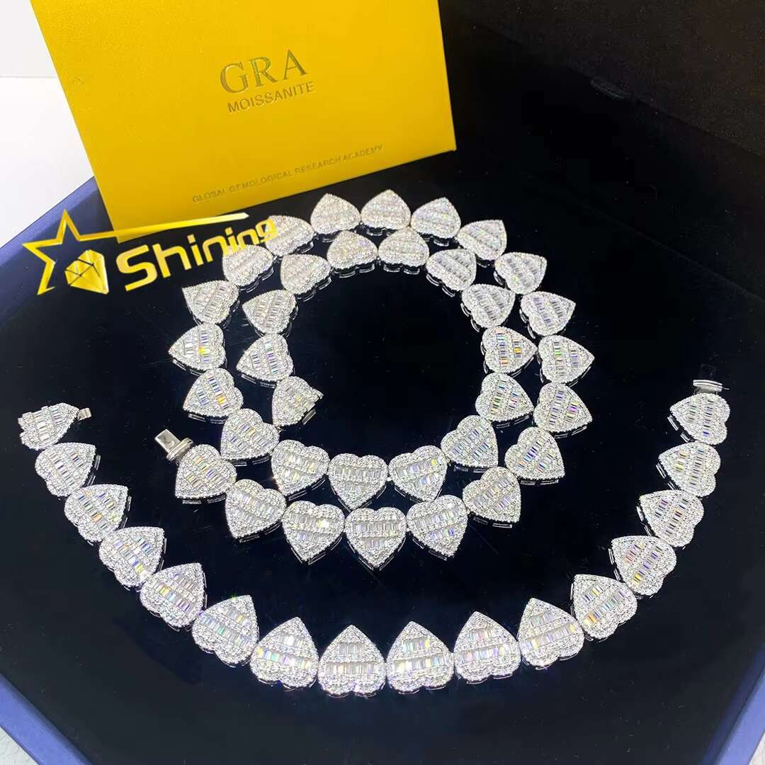 Shining Fine Jewelry 925 Silver Heart Shape Moissanite Cuban Chain Custom Hip Hop Mossanite Cuban Link Chain