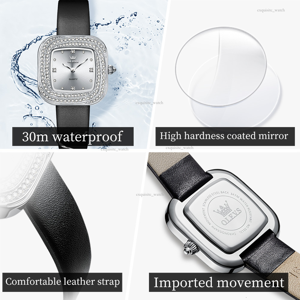 OLEVS Brand Designer Women's Casual Luxury Square Diamond Ring Fashionable Leather Strap Quartz Waterproof Luminous Women's Watch Free Deliv