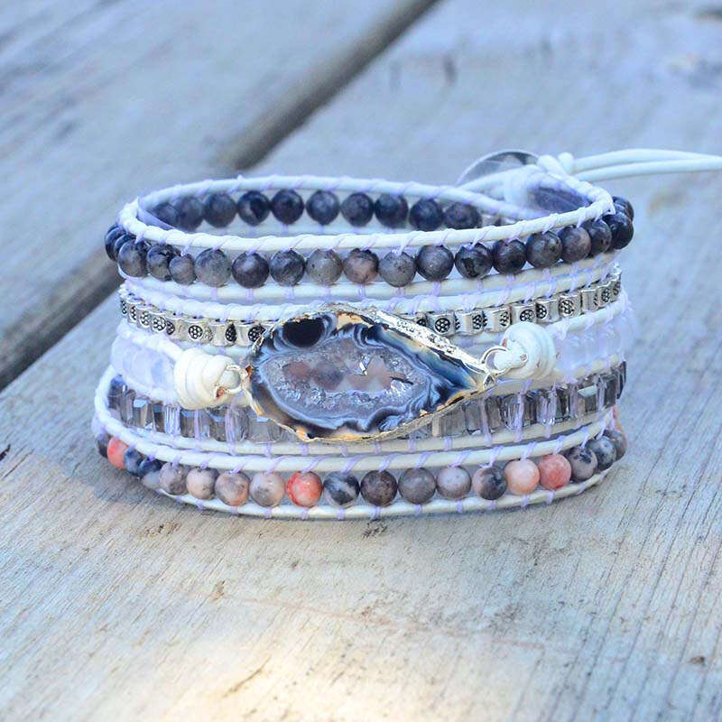 2021 hot selling white leather rope agate hand woven with multi-layer winding Bohemian style bracelet