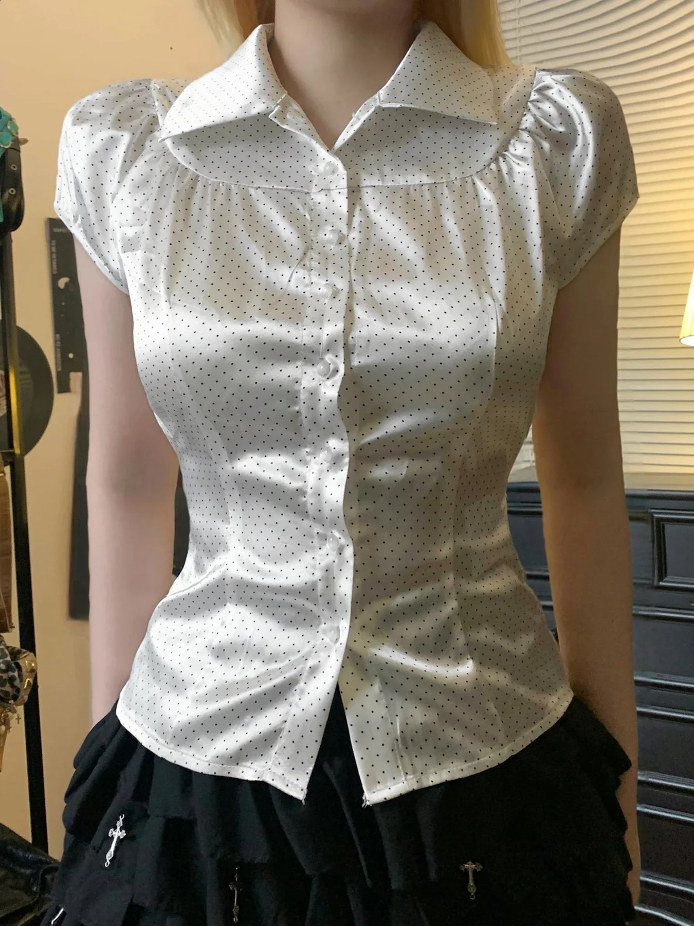 Fashion Satin Dot Print Slim Fit Women Shirts Summer Sweet Elegant French Style Simple Blouses 250421