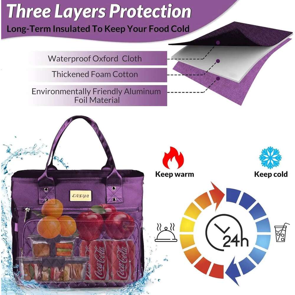 Large Insulated For Work, Women's Nylon Thermal Lunch Box, Leakproof Cooler Tote Bag With Storage Pocket (Black)