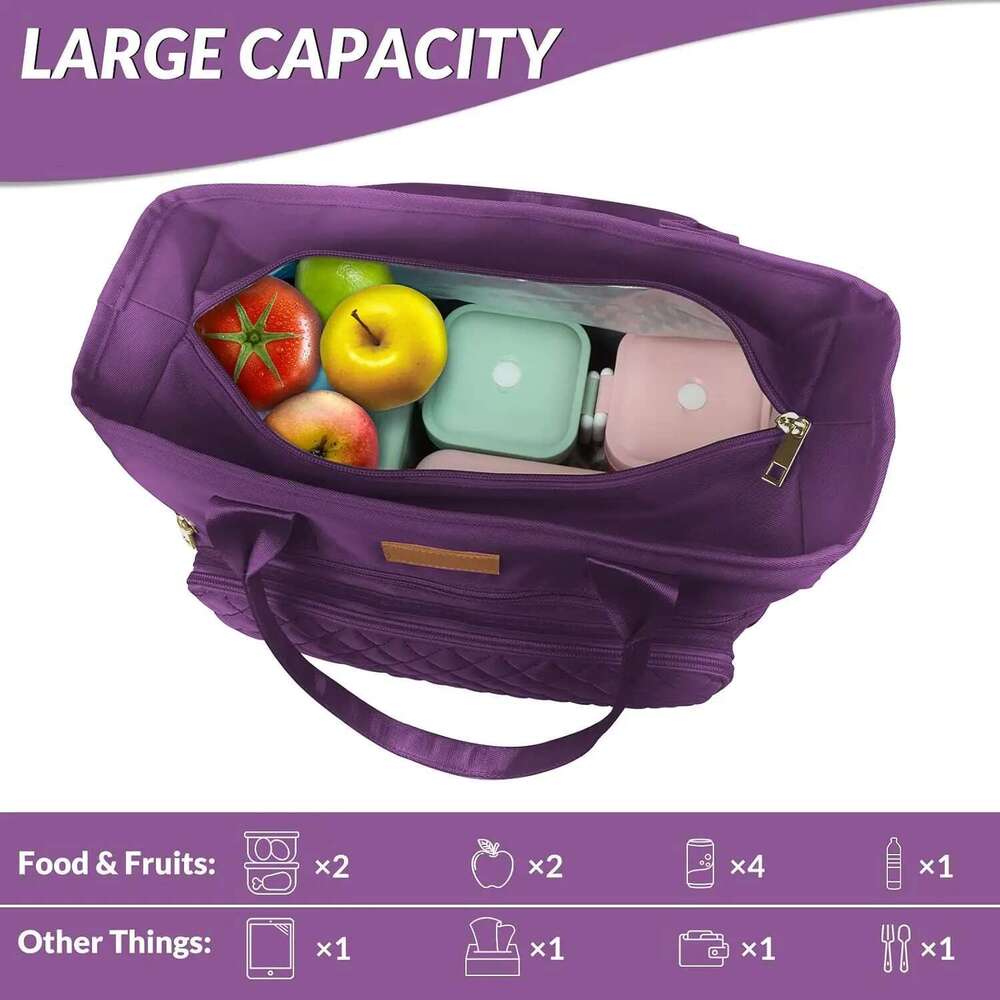 Large Insulated For Work, Women's Nylon Thermal Lunch Box, Leakproof Cooler Tote Bag With Storage Pocket (Black)
