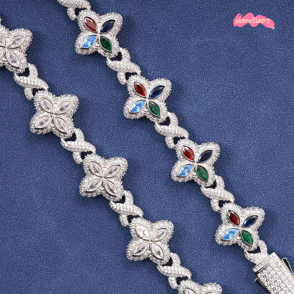 New Arrival Hip Hop Pink White ColorfulClover Bracelet Necklace Iced Out Flower A necklace Cuban Chain for Men ddmysept