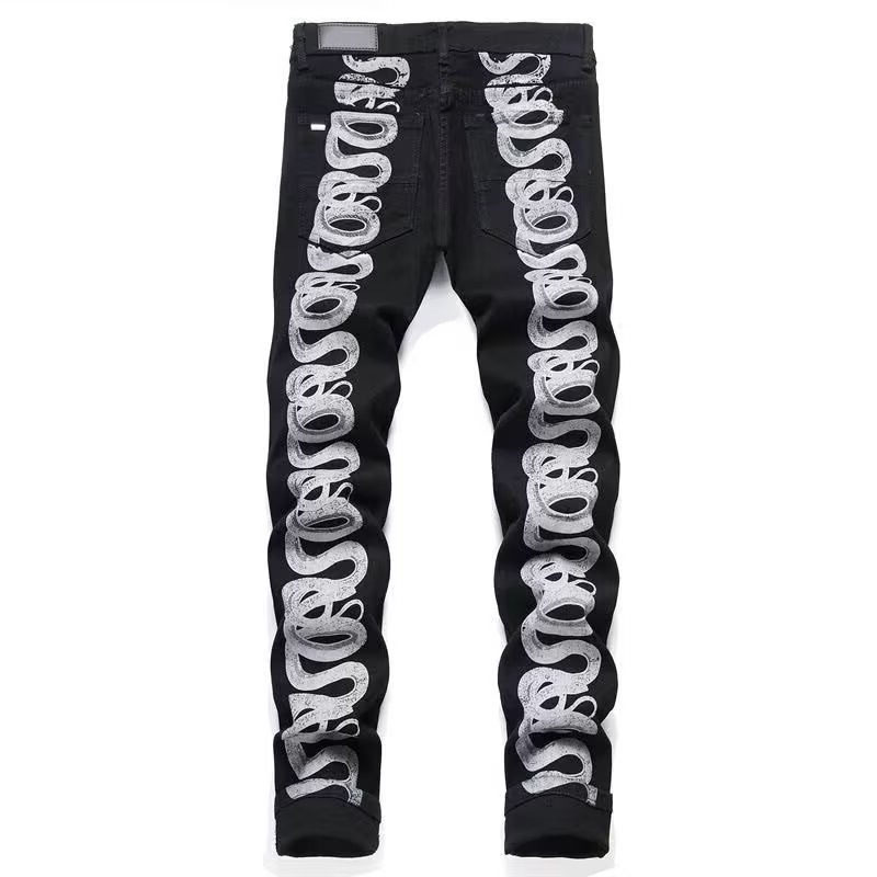 Designer Men's Jeans Slim Fit Trendy Brand Patch Fabric Personalized Ripped Pants Patch Embroidered Jeans