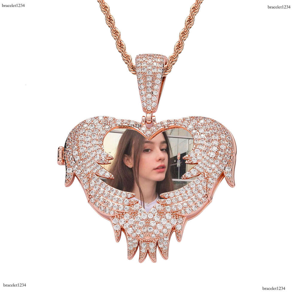 Luxury designer Flip Heart Photo Pendant Gold silvered Ice out VVS Moissanstone Hip Hop Men Women's Frame Necklace with FREE shipping