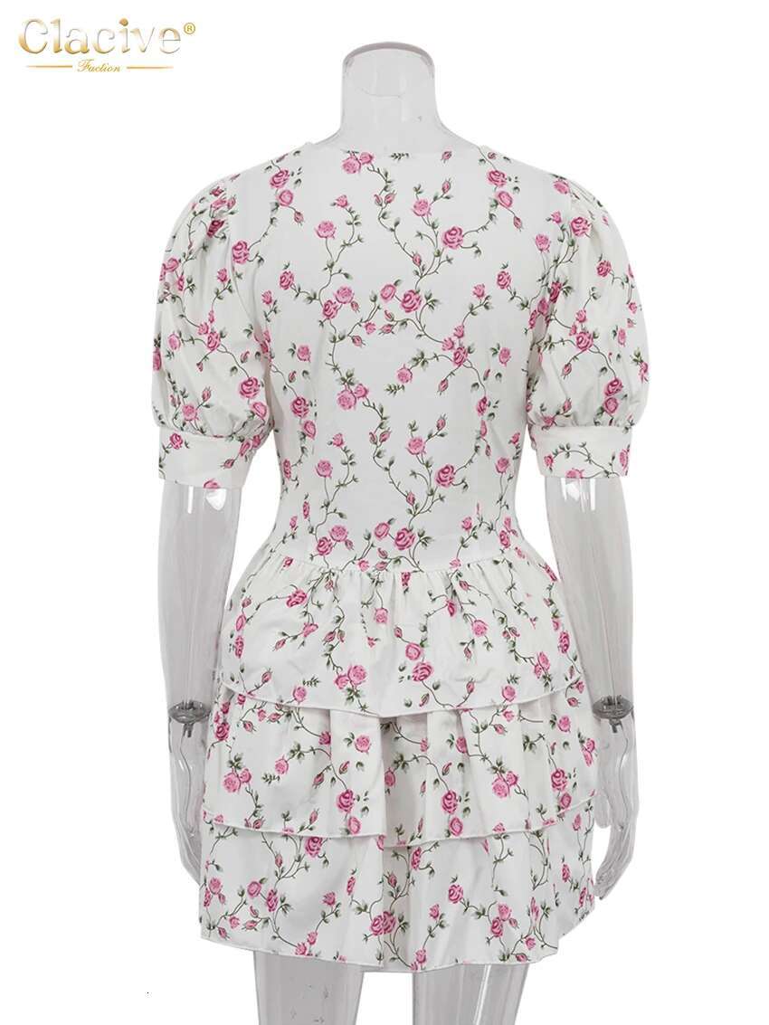 Clacive Summer Slim Print Women's Sexy V-Neck Short Sleeve Mini Dresses Elegant High Waist Pleated Female Dress
