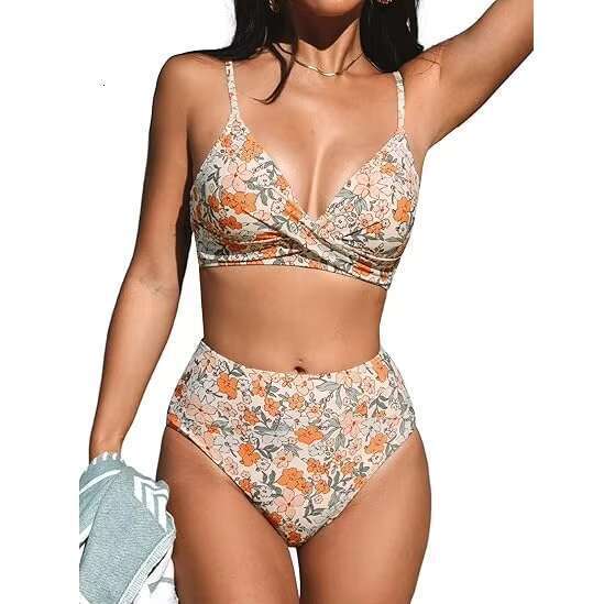 Quality Women Set Two Piece High Waist Fashion Printed Knit Bathing Suits Twist Front Brazilian Bikini